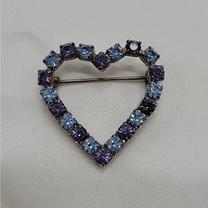 Vintage Blue Rhinestone Silver Tone Heart Shaped Love Pin Brooch Sweetheart Gift